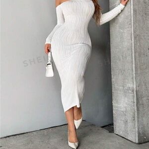 White off the shoulder ribbed knit midi dress